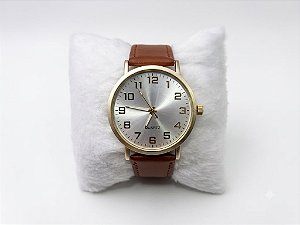 Relógio Masculino Pulseira Em Couro Marrom Maquina Dourada