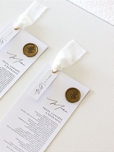 Menu/cardápio para casamento | Menu duplo com 4 lados de impressão, lacre de cera e tag com fita rústica ou tassel