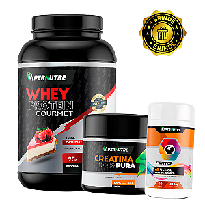 Whey Protein Gourmet 900g + Creatina Monohidarata 100% Pura 300g + Fortis Ultra Multivitamínico A-Z 60 Cápsulas