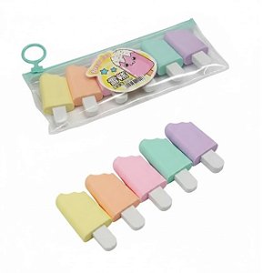 Kit Marca Texto Picolé 6 Cores Pastel – Highlighter Fofo Escolar – Formato Sorvete