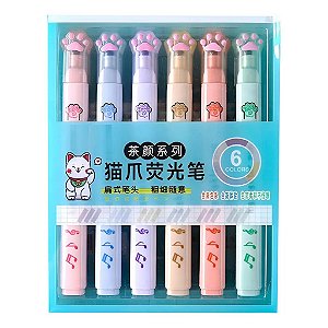 Kit Marca Texto Gatinho 6 Cores Pastel – Ponta Chanfrada – Highlighter Fofo com Patinha
