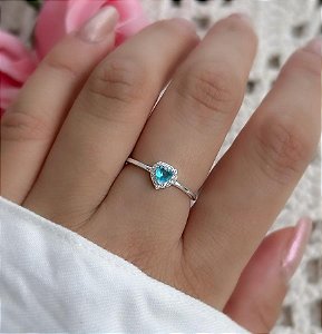 Anel solitário coração cor azul "tiffany"