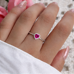 Anel prata coração cor rosa