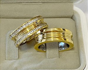 Par de Alianças de Moeda Luxo com forro e pedras - 8mm
