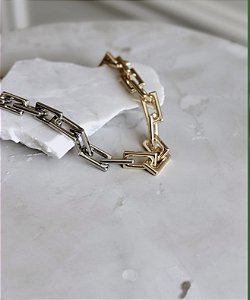 Colar Elos Banho Ouro e Ródio Branco