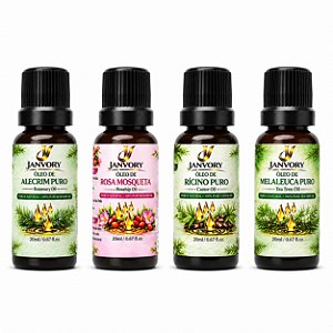 Kit 4 Óleos Naturais 20ml Melaleuca, Rícino, Rosa Mosqueta e Alecrim