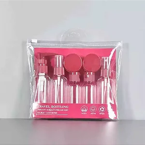 Caixa Fechada (180 unidades) Kits Frascos de Viagem Transparente com Tampas Coloridas – 7 Peças