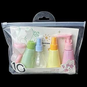 12 Kits de Viagem Portátil c/ 6 Frascos e Necessaire Transparente - Cores Sortidas