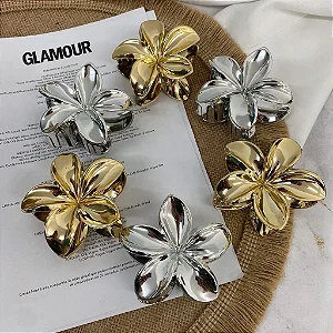 Kit 12 Piranha Flor Presilha Lírio Cabelo Paris Dourado/Prata - 8cm