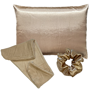 Kit Fronha E Scrunchie De Cetim + Touca De Microfibra fleece