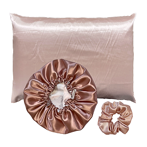 Kit 1 Fronha De Cetim + 1 Touca Dupla Face + 1 Scrunchie