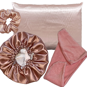 Kit Antifrizz Completão - Fronha, Touca e Scrunchie De Cetim + Touca De Microfibra fleece