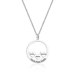 Colar Feminino Disco com 3 Corações com Nomes Personalizado - PRATA 925