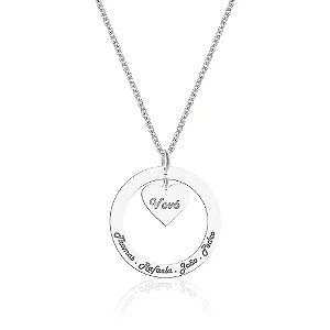 Colar Feminino Disco com 3 Corações com Nomes Personalizado - PRATA 925