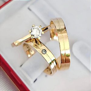 Par de alianças casamento Lucy 5mm de moeda antiga - Anel solitário Brinde