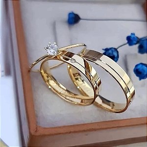 Par de alianças casamento Alara 4mm de moeda antiga - Anel solitário Brinde