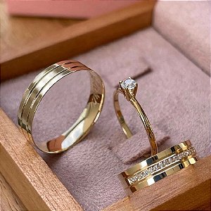 Par de alianças casamento Kaya 6mm de moeda antiga - Anel solitário Brinde