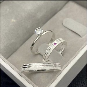 Par de alianças Holly 4mm de namoro + anel solitário prata 950