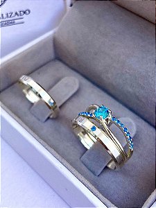 Par de alianças Antonella 3mm de namoro + anel solitário prata 950