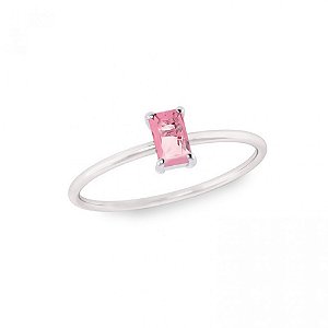 Anel solitário com pedra retangular rosa - Prata 925