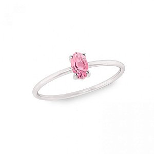 Anel solitário com  pedra oval rosa - Prata 925