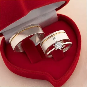 Par de alianças com friso banhado a ouro 18k Felícia 8mm de namoro + anel solitário Classic prata 950