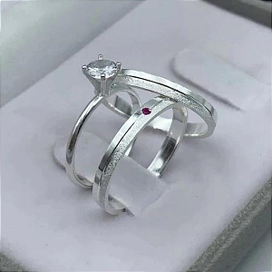 Par de Alianças Namoro Pedra Vermelha Prata 950 Cinderela 2mm