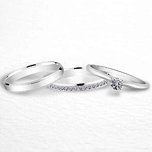 Par de Alianças Mora 2mm de Namoro + Anel Solitário Classic em Prata 950