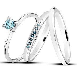 Par de alianças Mora 2mm Azul bebe de namoro + anel solitário Classic em prata 950