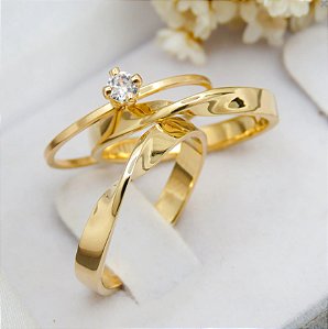 Par de alianças casamento Torcida 3mm de moeda antiga - Anel solitário Brinde