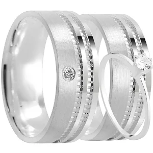 Par de alianças Alva 8mm de namoro + anel solitário prata 950
