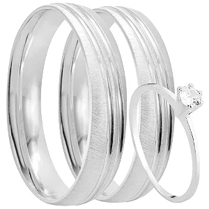 Par de alianças Bali 6mm de namoro + anel solitário prata 950