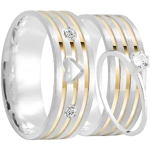 Par de alianças Heartfelt Emotions 8mm de namoro + anel solitário prata 950