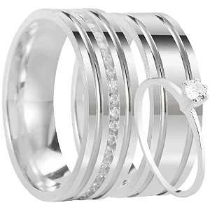 Par de alianças Hilde 8mm de namoro + anel solitário prata 950