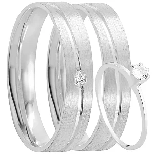 Par de alianças Lilian 4mm de namoro + anel solitário prata 950