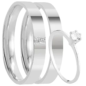 Par de alianças Merida 4mm de namoro + anel solitário prata 950