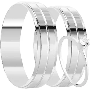 Par de alianças Sif 8mm de namoro + anel solitário prata 950