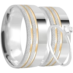 Par de alianças Valquíria 8mm de namoro + anel solitário prata 950