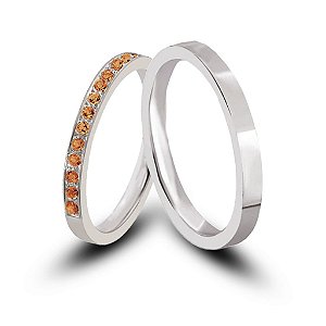 Par de Alianças Day De Prata 950 2mm Minimalista com 10 Pedras Laranja