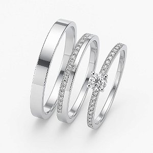 Par de Alianças Sele 4mm de Namoro Anel Solitário Prata 950