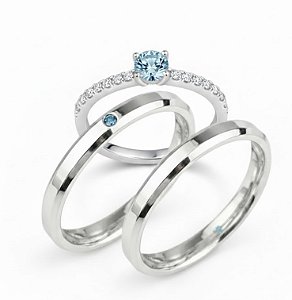 ALIANÇAS DE NAMORO EM PRATA 950 COM ANEL SOLITARIO AZUL CLARO