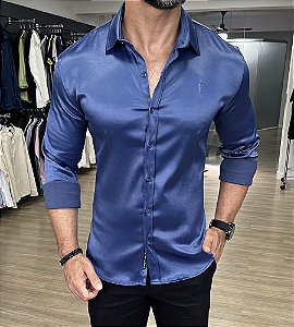 Camisa cetim slim fit zip-off azul - Moda Masculina