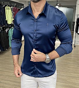 Camisa slim fit furta cor azul - Moda Masculina