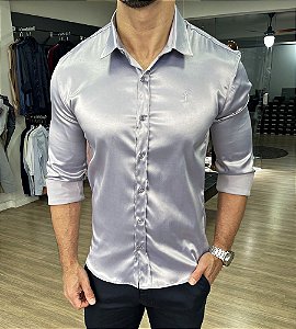 Camisa cetim slim fit zip-off prata - Moda Masculina