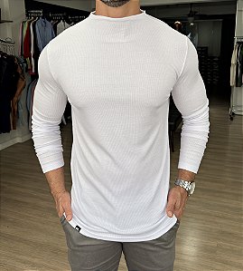 Camiseta Gola Alta Contínua Manga Longa Branco