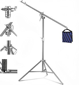 Girafa Profissional em Aço Inox 3,8m – Suporte Reforçado 2 em 1 para Estúdio e Clínica