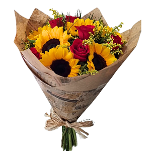 Buquê rústico de girassois e rosas