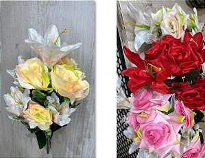 Buquê Artificial de Lírios e Rosas – Ref. 94006Z Buquê composto por lírios e rosas grandes com folhagem verde e acabamen