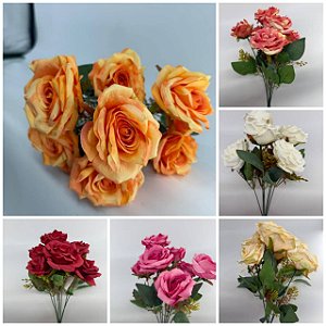 Buquê Artificial de Rosas – Ref. 93053 Buquê com rosas grandes e realistas, pétalas em camadas e folhagem verde com deta