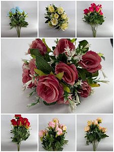 Buquê Artificial de Rosas – Ref. 71006 Flores com pétalas aveludadas e folhagem verde com detalhes brancos. Cores: Rosa